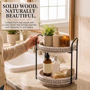 Wooden Rotating Desktop <b>Storage</b> <b>Tray</b> Round 2 Tier Distressed Finish For Bathroom Kitchen Countertop Organization - Product Image 1