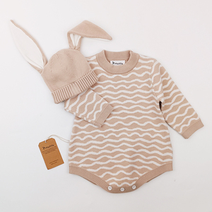 Pinuotu, conjunto de punto para bebé, prendas de punto onduladas para bebés, gorros con bonitos Orejas de conejo, suéter ondulado para bebé, conjuntos de peleles de burbujas - Product Image 1