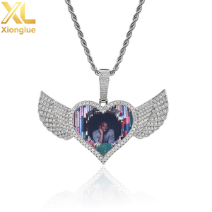 One Custom Heart Wings Photo Pendant Necklace Memory Bling Iced Out Bling Zircon Pictures <b>Rope</b> <b>Chain</b> Hip Hop Sublimation Jewelry - Product Image 2
