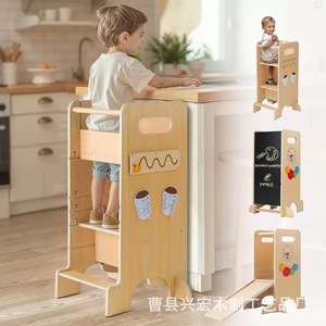 Torre de aprendizaje infantil de madera con pizarra y tobogán, taburete Montessori para niños - Product Image 1