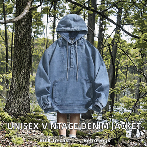 Veste à capuche vintage unisexe décontractée en denim bleu délavé brodé avec demi-fermeture éclair et cordon de serrage, coupe-vent et écologique pour hommes et femmes 2025 - Product Image 2