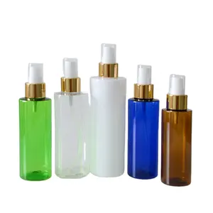 Großhandel kosmetische verpackung 150ml blau bernstein grün flache schulter PET kunststoff parfüm spray flasche