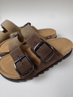 Mules personnalisées pour femmes en cuir suédé véritable avec double boucle, sandales à enfiler confortables à semelle souple en PVC et semelle intérieure plate
