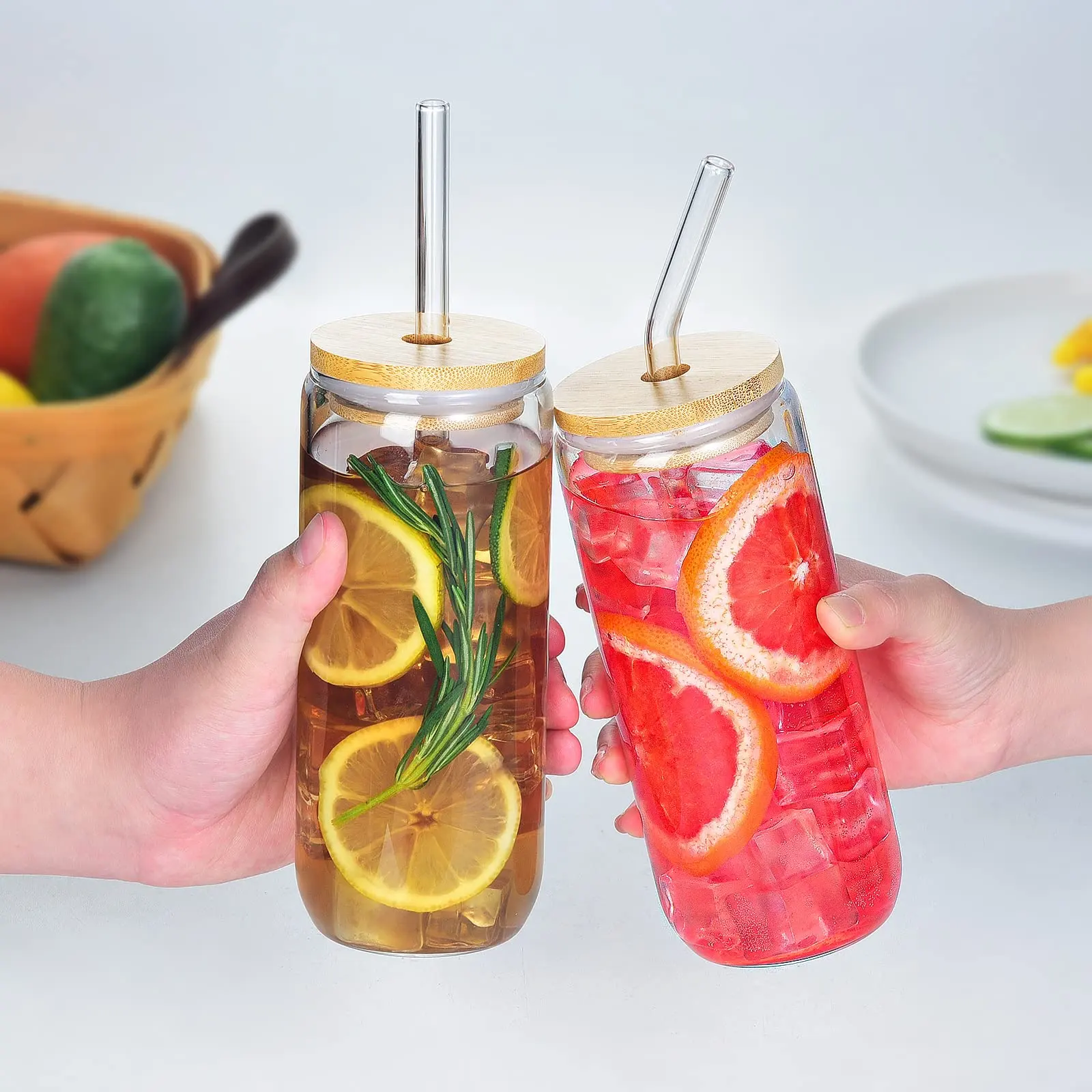 Online Hot 16oz Can Shaped Glass Cups Beer Iced Coffee Drinking Glasses with Bamboo Lids Straw Beer Can Glass With Lid And Straw