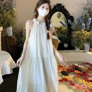 Halter Neck Dress Women Solid Color Breathable A Line Beach Vacation Wear - Product Image 1