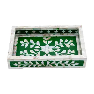 Exquisite Mother Of Pearl Serving Tray Rectangle MOP Inlay Floral Mini Tray Suitable For Ramadan Eid Celeb And Decor
