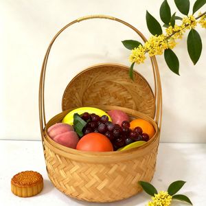 Bamboo Woven Mooncake Gift <b>Basket</b> Round With Lid <b>Large</b> And Small Size For Food <b>Storage</b> Kitchen Use - Product Image 2
