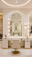 Établi de miroir LED double face de salon de coiffure de luxe haut de gamme, conception de table de vanité double face personnalisée pour les salons de coiffure