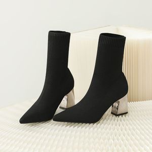 7CM/5CM 34-43 Botines Tacon Grueso Knit Stretchy Material Winter Fall Women's Heel <b>Boots</b> 2025 - Product Image 3