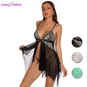 Erotische schwarze Plus Size Schnalle schwangere Mädchen Nacht kleid schiere Mesh Spitze Höschen sexy Babydoll Kleid Dessous Frauen