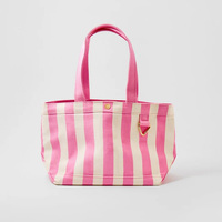 Tas Tote Kanvas Bergaris Bordir Monogram Kustom Grosir, Tas Bahu Pantai Travel Kapasitas Besar untuk Wanita