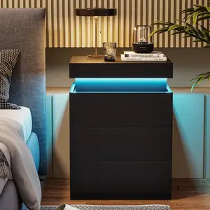 YOUTAI meja samping tempat tidur mode baru, dengan pengisian daya USB 3 laci dudukan malam pintar dengan lampu led personalisasi 2024