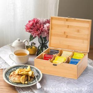 <b>Tea</b> Bag Storage <b>Box</b> Wooden Rectangular Compartmentalized Desktop Organizer With Flip Top Cover Natural Wood Color - Product Image 1