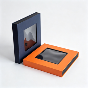 Caja de Regalo Magnética de Cartón Rígido de Lujo en Color Naranja y Azul con Ventana, Disponible en Stock - Product Image 2