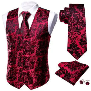 New Style Formal Business Party Red Waistcoat Silk Vest Jacquard Floral Tie Hanky 4PC Set For Men