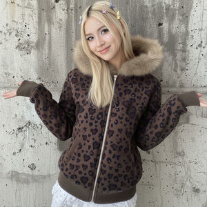 Veste à capuche zippée à imprimé léopard style Y2K avec bordure en fourrure, sweat à capuche streetwear décontracté et tendance pour femme - Product Image 1