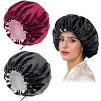 Topi Tidur Satin Bergaris Dua Lapis Besar Terlaris, Empat Musim, Dengan Kancing dan Pita Elastis yang Dapat Disesuaikan, Pelindung Rambut