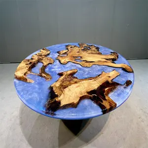 Tavolo da pranzo rotondo in resina epossidica blu in legno massello di alta qualità