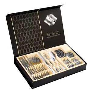 Klasik ayna cilalı parlak Metal gümüş bıçak kaşık çatal kullanımlık 24 parça hediye kutu seti paslanmaz çelik çatal bıçak kaşık seti