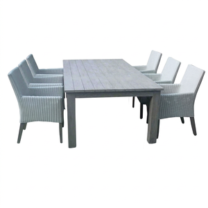 Rustic Weathered Gray Synthetic <b>Rattan</b> Material Dining 6 Chairs and Teak Square Tables Outdoor Patio Furniture - Product Image 1