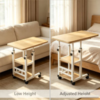 Table d'appoint mobile en forme de C à hauteur réglable, roulettes pivotantes silencieuses à 360 degrés avec freins, bureau pour ordinateur portable en bois et métal, étagères de rangement