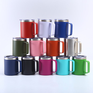 Promotion Wholesale Custom 12oz Double Walled Stainless Steel Vacuum Coffee Cup Thermos Travel Mug Tumbler With Handle and Lid