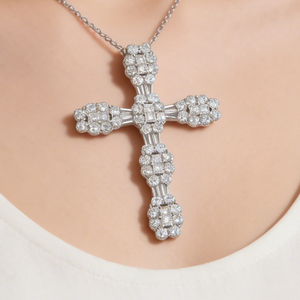 CUSTOM SILVER 10K/14K/18K GOLD PLATED LAB GROWN CVD DIAMOND CLASSIC ENGAGEMENT GIFT SWEATER <b>CHAIN</b> NECKLACE <b>CROSS</b> PENDANT - Product Image 4