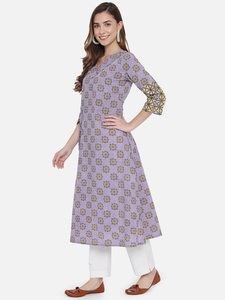 Ensemble Kurti pour femme, violet à motifs floraux, imprimé à la main, col en V, manches longues, avec broderie, coupe ample, style décontracté toutes saisons - Product Image 5