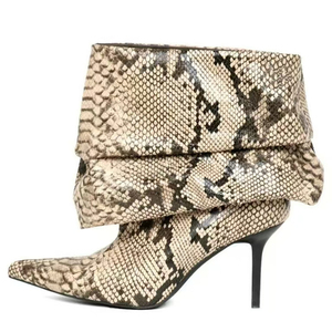 Botines de tacón alto fino con estampado de serpiente personalizado, talla grande 46, punta fina, estilo holgado, parte superior ancha plisada, zapatos sueltos para mujer - Product Image 2
