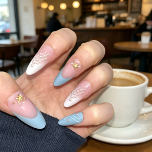 <span class=keywords><strong>Faux</strong></span> <span class=keywords><strong>Ongles</strong></span> Réutilisables Personnalisables 24 Pièces Printemps-Été Effet Ethéré Rose Bleu Ombré Nœud Perle 3D Longs Amande pour Mariée - Product Image 2