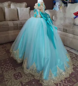 Vestido de niña de flores de perla azul claro arco trenes largos esponjosos para apliques de boda con vestidos de fiesta de cumpleaños Eucarísticos - Product Image 2