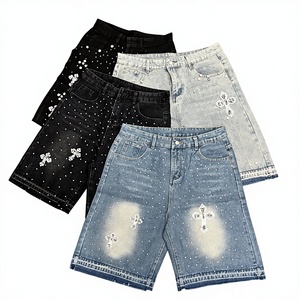 High Quality High Street Hip-Hop Style Men's Denim <strong>Shorts</strong> Full Rhinestone Decoration Baggy Breathable Straight Leg Denim <strong>Shorts</strong> - Product Image 1