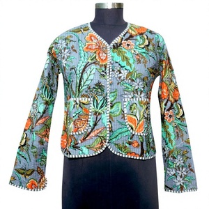 Handmade 100% Organic Cotton Woven Quilted Breathable V-neck Full Sleeve Short <b>Jacket</b> Women Floral Block Print <b>Patchwork</b> Winter - Product Image 1