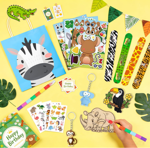 Pulseras de golpeo, llaveros, adornos de madera, sellos, bolígrafos de acuarela, pegatinas, animales de juguete, regalos, bolsas de papel y detalles para fiestas de safari en la selva - Product Image 4