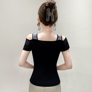 Camisetas con hombros descubiertos y diamantes de imitación brillantes, camisetas de malla con flores de pavo real azul y rojo, camisetas de manga corta para discoteca, <span class=keywords><strong>camiseta</strong></span> de fiesta - Product Image 3