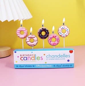 Bougies d'anniversaire populaires en forme de donut coloré, mignonnes, pour gâteaux, thème dessin animé, pour fêtes et célébrations, accessoires de pâtisserie - Product Image 1