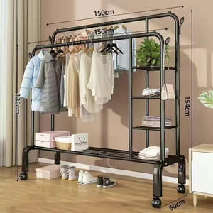 Perchero ajustable de metal resistente de doble barra con ganchos laterales y ruedas, organizador de ropa para dormitorio, lavandería, sala de estar - Product Image 3