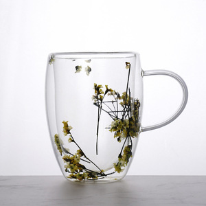Tazas de café de cristal de doble pared de 350ml, tazas de café de flores transparentes con asa, tazas de café <span class=keywords><strong>Espresso</strong></span> y Latte resistentes al calor - Product Image 3
