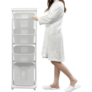 Panier à <span class=keywords><strong>linge</strong></span> <span class=keywords><strong>vertical</strong></span> à 4 niveaux en plastique avec roulettes amovibles pour salle de bain - Product Image 1