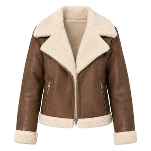 Women's Faux Shearling <b>Lined</b> PU Leather Waterproof Casual Winter Jacket Zip-Up Moto <b>Coat</b> Stand Collar Sleeve Zip Pocket - Product Image 1