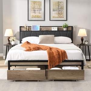 DB <b>Queen</b> Size Metal Platform <b>Bed</b> <b>Frame</b> Upholstery <b>Storage</b> USB LINER Footboard Drawers Headboard for Home Warehouse Application - Product Image 3