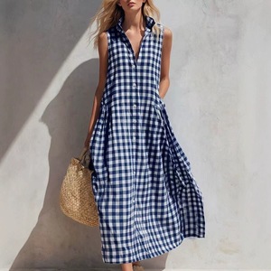 Women Gingham Sleeveless Shirt Maxi <b>Dress</b> Lapel Collar Full Button Front Side Pocket <b>Loose</b> Flowy Vacation <b>Dress</b> OEM Custom - Product Image 1