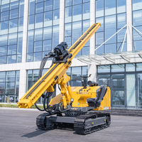 Machine hydraulique sur chenilles robuste pour le battage de pieux solaires, idéale pour les travaux de photovoltaïque et le vissage de pieux de terre.