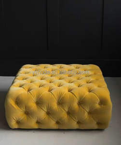 Pouf ottoman carré en cuir velours marocain américain avec surpiqûres jaunes, banc, tabouret, table basse - Product Image 3