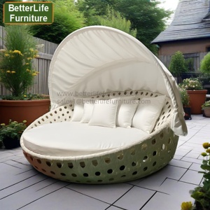 Lit <span class=keywords><strong>de</strong></span> repos circulaire <span class=keywords><strong>de</strong></span> jardin en rotin blanc avec auvent pour hôtel et extérieur - Product Image 2
