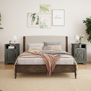Farmhouse Nightstand <b>Side</b> <b>Table</b> Wooden Rustic <b>Tall</b> Bedside With Electrical Outlets Charging Station 2 Sets - Product Image 3