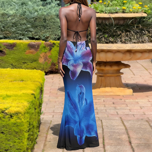 เดรสยาวลายดอกไม้สไตล์วันหยุดฤดูร้อน คอวี แต่งผ้าแบบแพทช์เวิร์ค เปิดหลัง เซ็กซี่  รัดเอว - Product Image 4