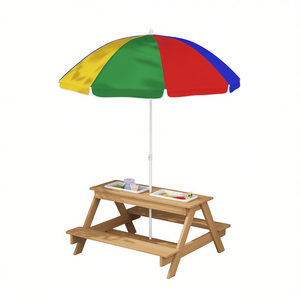 Outdoor Wooden Picnic <b>Table</b> With <b>Umbrella</b> For Kids 2 Seater Square Rustic Design - Product Image 1