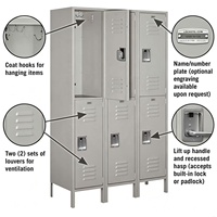 STORION Casier métallique robuste à 2 niveaux, 3 colonnes, 6 compartiments, verrouillable, avec étagères réglables, crochets et ventilation