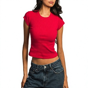 T-shirt court tricoté rouge uni pour femme, à manches courtes, col rond, coupe ajustée, décontracté, été, 100 % coton respirant - Product Image 3